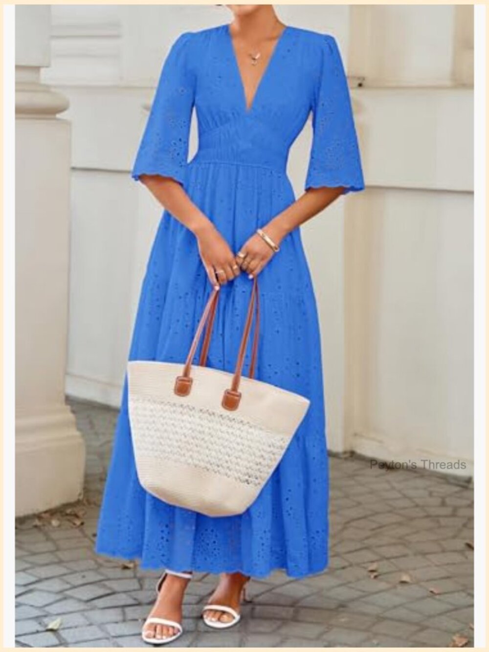 Long Sleeve Maxi Dress V Neck Hollow Out Eyelet Ruffle Swing A-Line Fall Boho - Picture 3 of 7